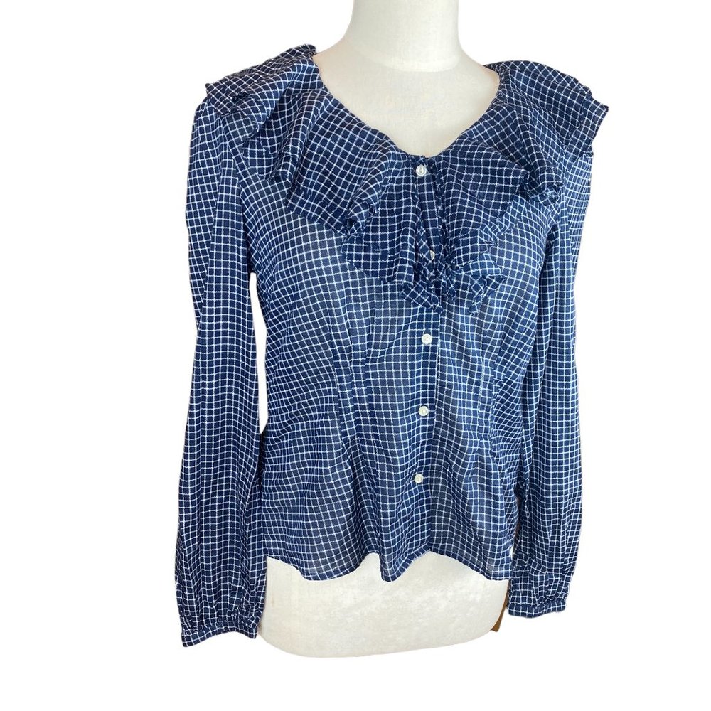 Lauren Ralph Lauren Navy White Check Ruffle Button-Up Blouse